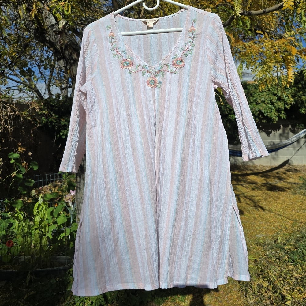April Cornell Pastel Striped Tunic with Floral Embroidery